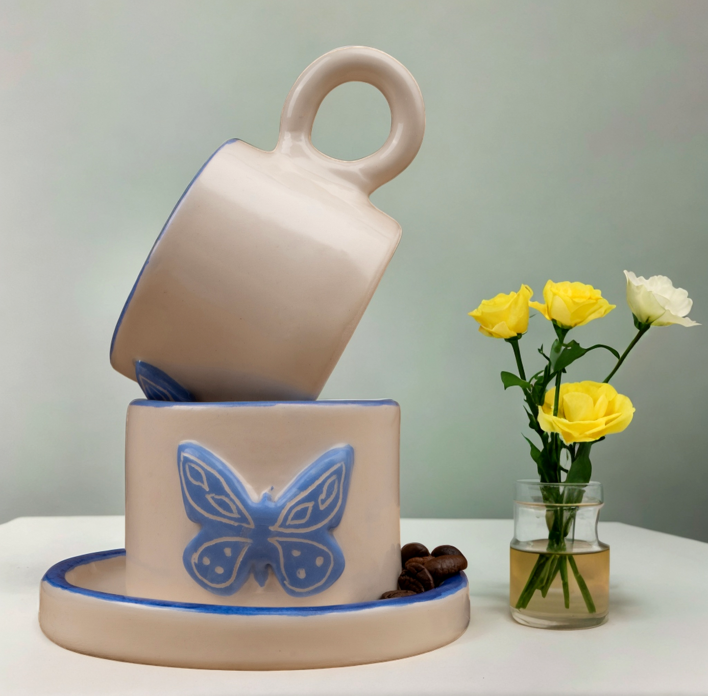 White and Blue Butterfly Embossed Ceramic Cup | Handmade Ceramic Cup | Espresso coffee Cup | Hand-painted Coffee Cup