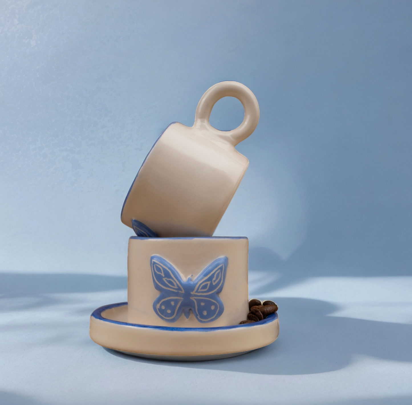 White and Blue Butterfly Embossed Ceramic Cup | Handmade Ceramic Cup | Espresso coffee Cup | Hand-painted Coffee Cup