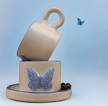 White and Blue Butterfly Embossed Ceramic Cup | Handmade Ceramic Cup | Espresso coffee Cup | Hand-painted Coffee Cup