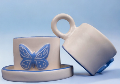 White and Blue Butterfly Embossed Ceramic Cup | Handmade Ceramic Cup | Espresso coffee Cup | Hand-painted Coffee Cup