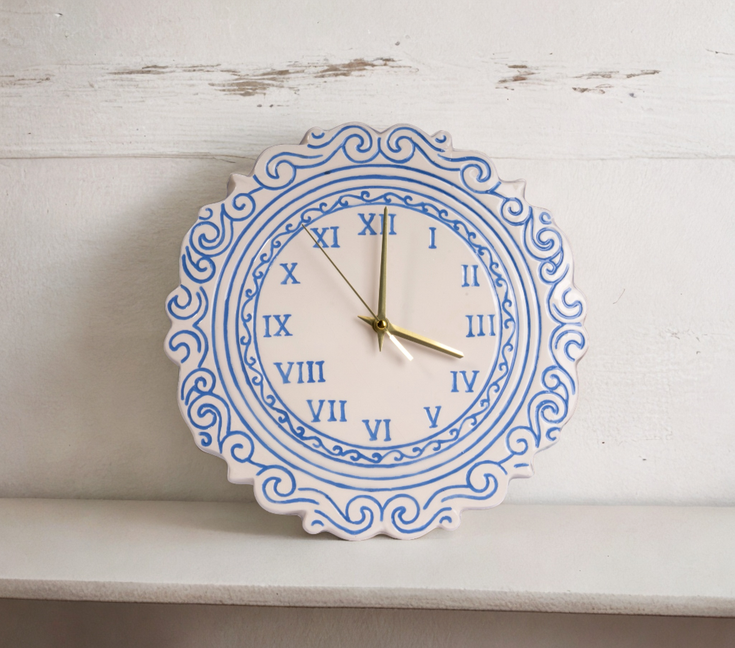 White and Blue Carved Wall Clock | Ceramic Engraving Decor | Handmade Gift Watch | Handmade Housewarming Gift