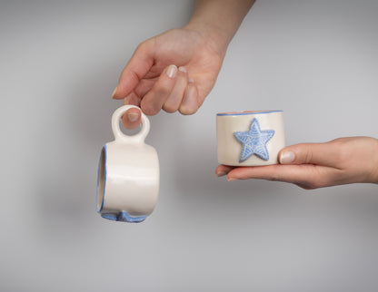 White and Blue Star Embossed Ceramic Cup | Pottery Coffee Cups | Espresso Coffee Cup - Turkish Coffee Cup - Greek Coffee Cup | Cute Cup