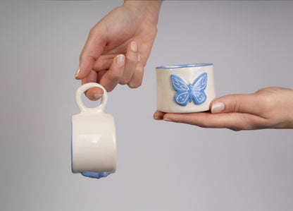 White and Blue Butterfly Embossed Ceramic Cup | Handmade Ceramic Cup | Espresso coffee Cup | Hand-painted Coffee Cup