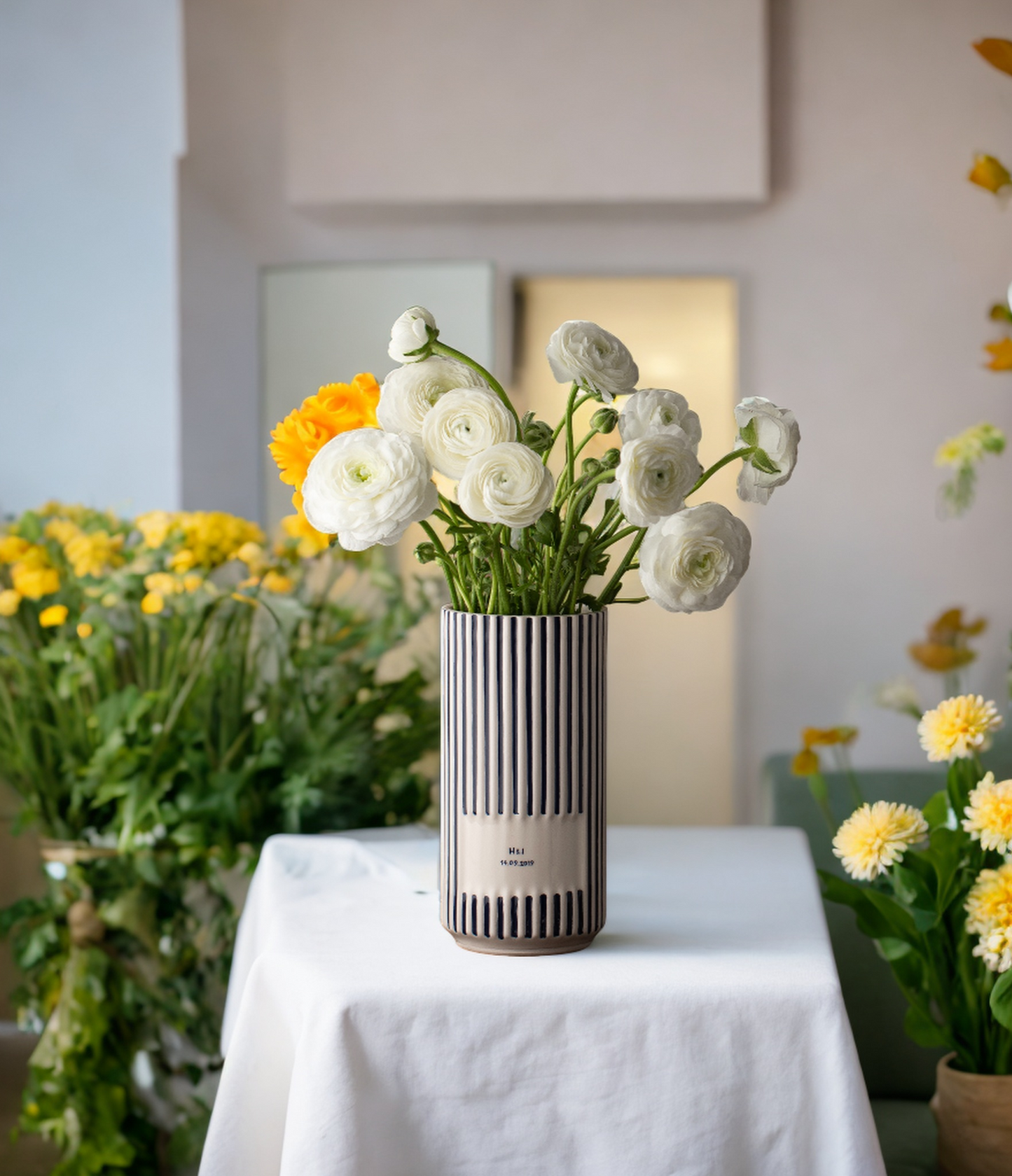 Blue and White Striped Personalized Ceramic Vases | Custom Flower Pot | Handmade Gifted | Date of Your Special Days