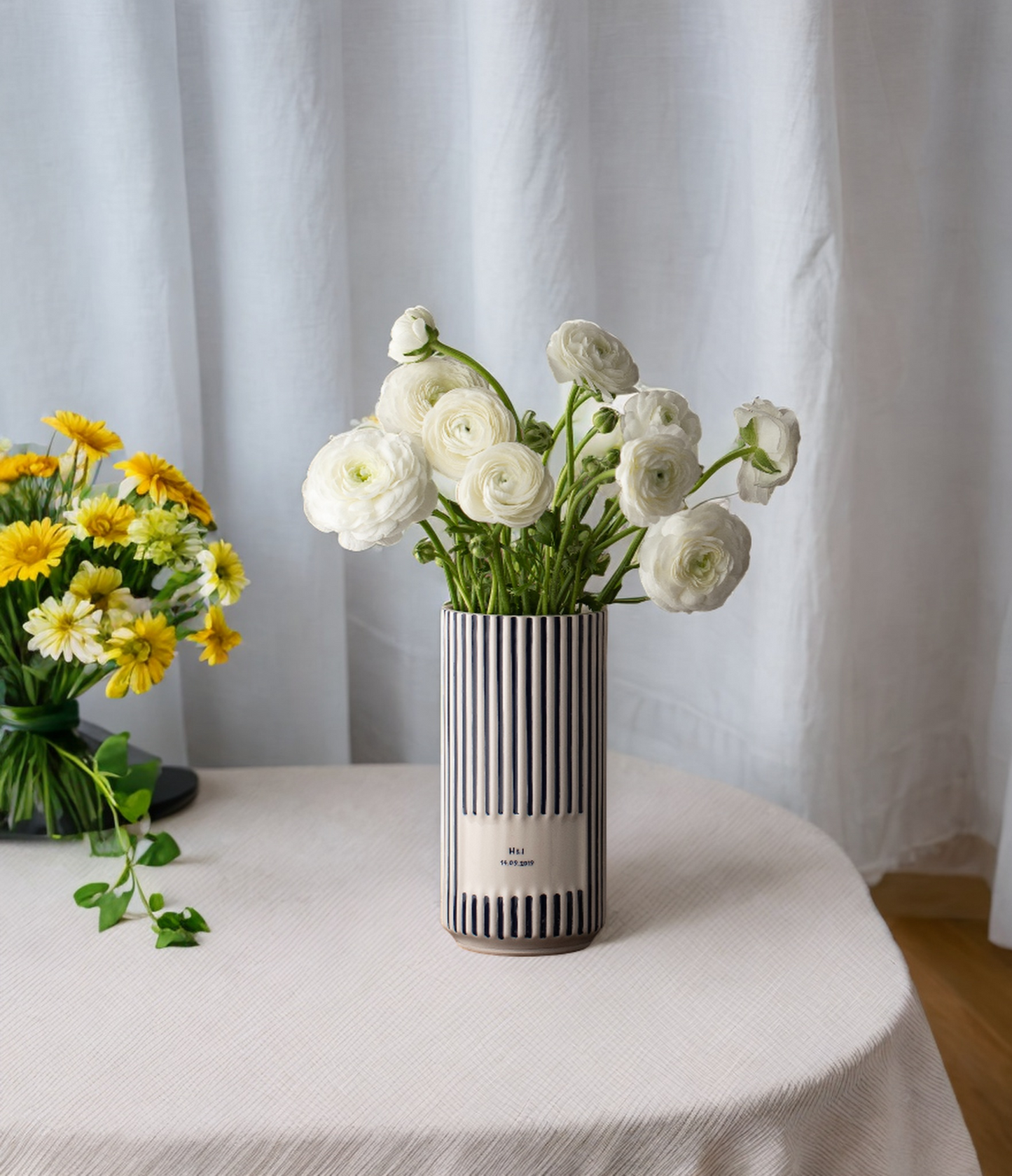 Blue and White Striped Personalized Ceramic Vases | Custom Flower Pot | Handmade Gifted | Date of Your Special Days