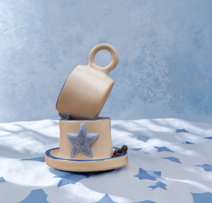 White and Blue Star Embossed Ceramic Cup | Pottery Coffee Cups | Espresso Coffee Cup - Turkish Coffee Cup - Greek Coffee Cup | Cute Cup