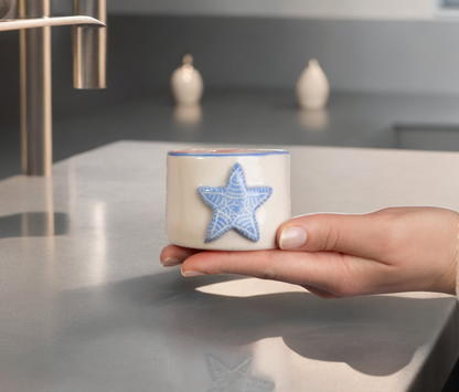 White and Blue Star Embossed Ceramic Cup | Pottery Coffee Cups | Espresso Coffee Cup - Turkish Coffee Cup - Greek Coffee Cup | Cute Cup